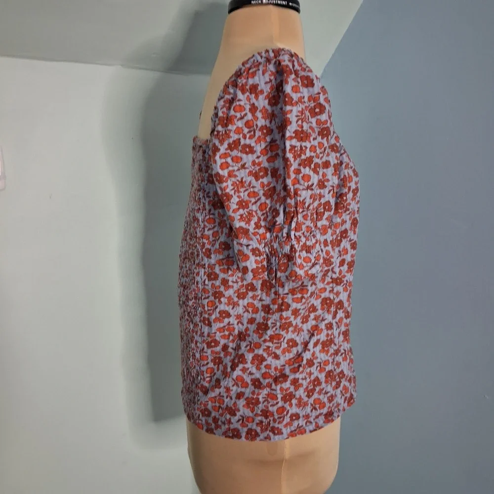 Madewell Floral Feminine Dainty Button-Front Puff Sleeve Top Blue Red Size 0